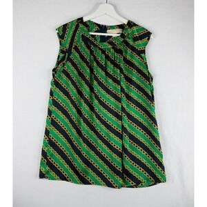 Michael Michael Kors Blouse Womens M Green Navy‎ Gold Excellent Chain Print Tank